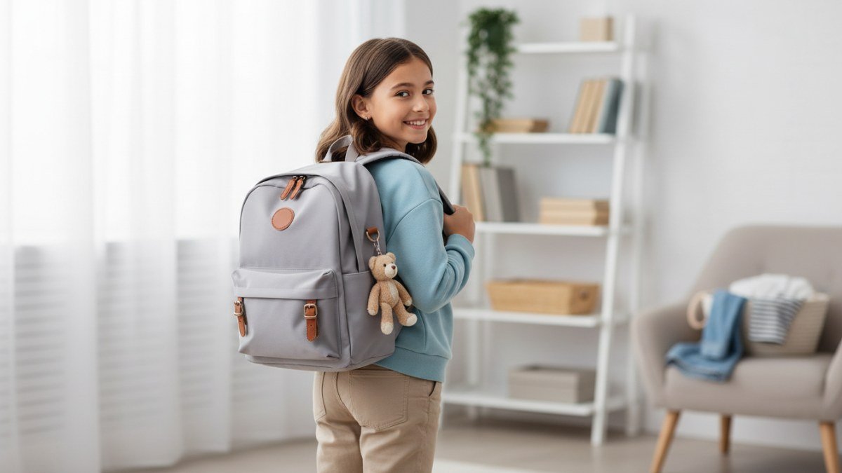 Crian&ccedil;a feliz e confiante com mochila escolar organizada, pronta para um dia de aula, simbolizando autonomia e uma rotina tranquila.