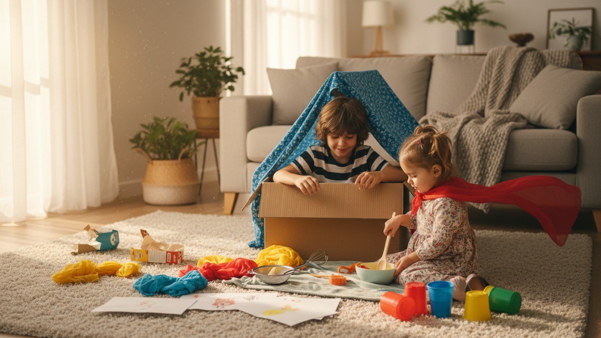 Duas crian&ccedil;as, um menino e uma menina, sorrindo e brincando no ch&atilde;o da sala com caixas de papel&atilde;o, tecidos e utens&iacute;lios de cozinha, ilustrando brincadeiras criativas com objetos de casa.