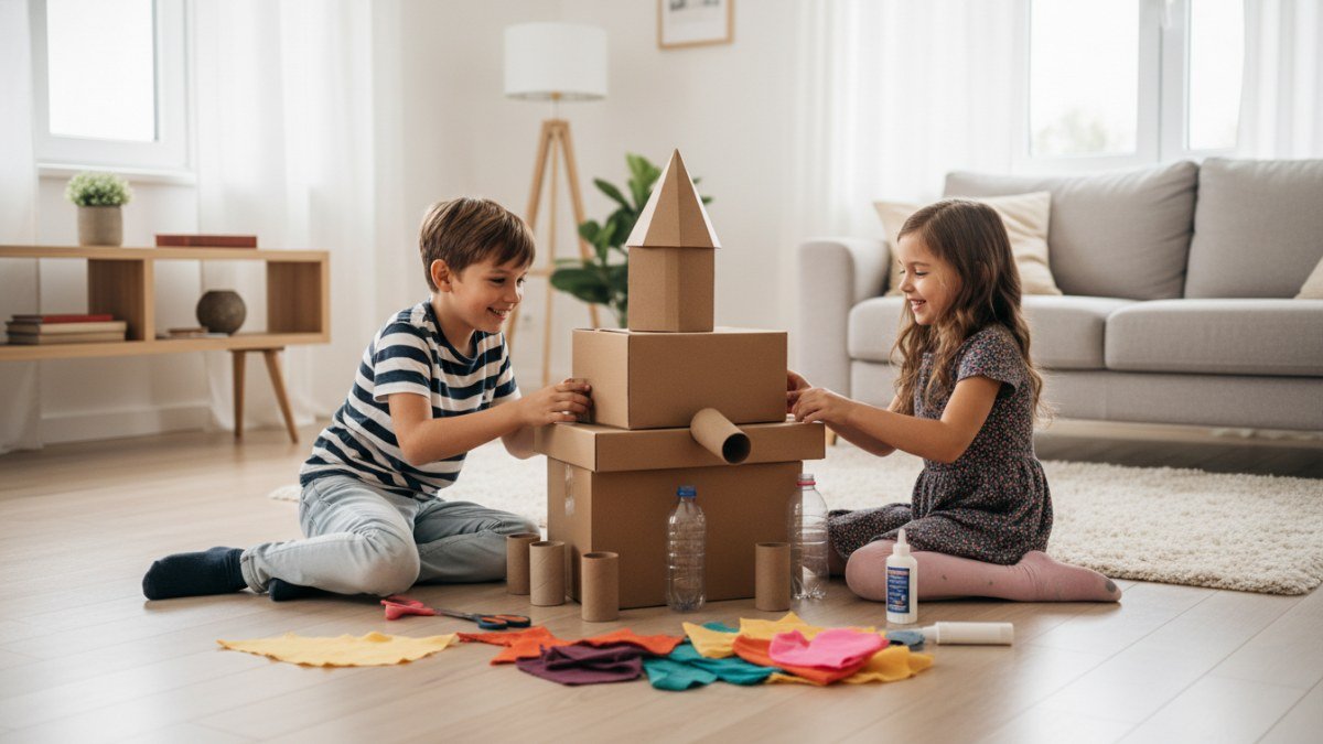 Crian&ccedil;as brincando com caixas de papel&atilde;o e materiais recicl&aacute;veis. Um menino e uma menina constroem uma nave espacial ou casa de bonecas no ch&atilde;o da sala de estar, usando caixas, rolos de papel e garrafas pl&aacute;sticas. Eles est&atilde;o sorrindo e focados, vestindo roupas confort&aacute;veis em um ambiente iluminado.
