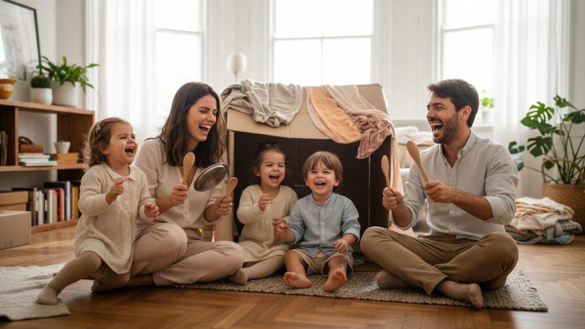 Uma fam&iacute;lia feliz brincando em casa com materiais do dia a dia, como caixas e potes, simbolizando a alegria e a criatividade das brincadeiras caseiras e a conex&atilde;o familiar.