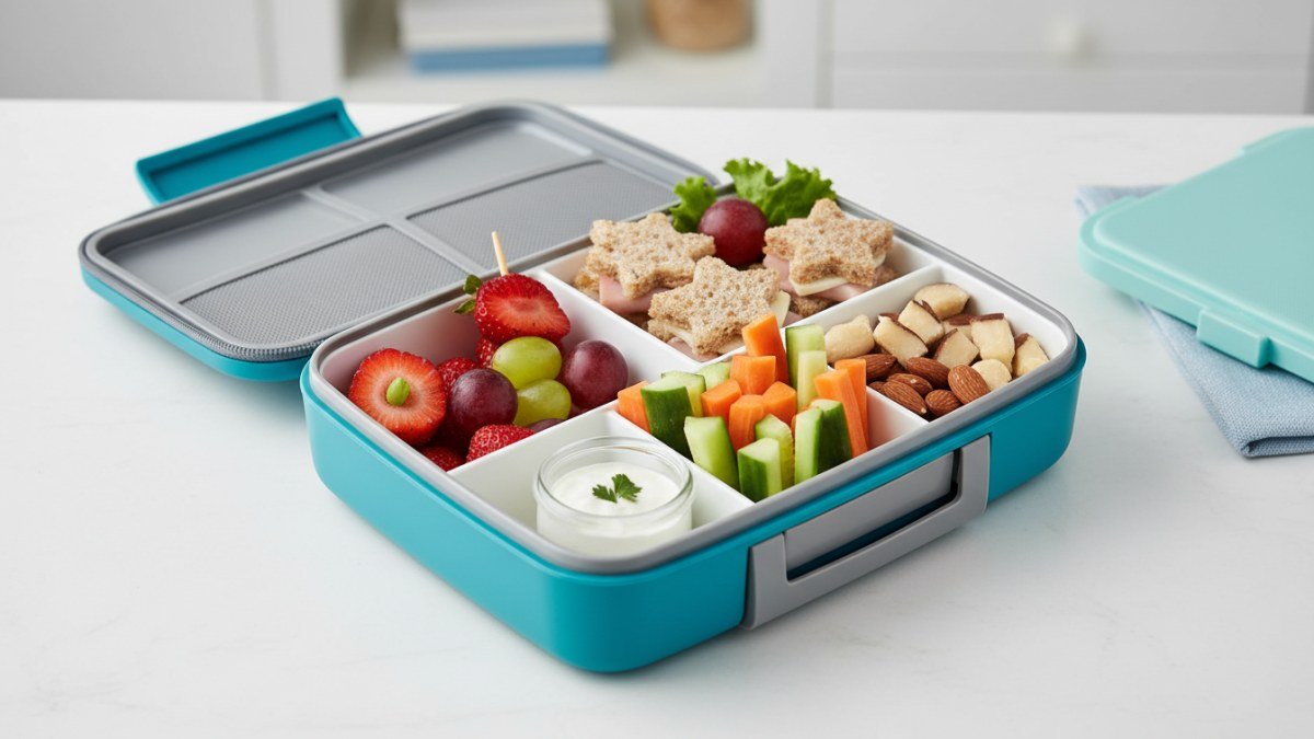 Uma lancheira escolar aberta e colorida, repleta de op&ccedil;&otilde;es saud&aacute;veis e criativas, como frutas frescas, mini sandu&iacute;ches e vegetais cortados, pronta para o recreio.