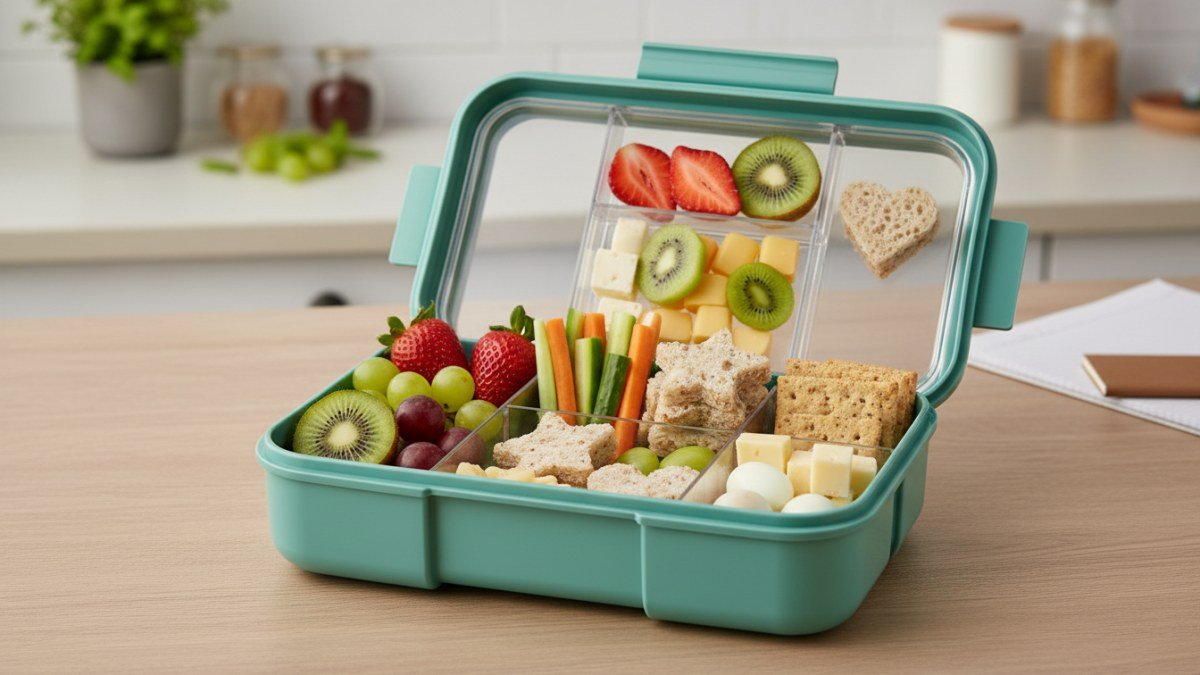 Uma lancheira escolar moderna e colorida, repleta de op&ccedil;&otilde;es de alimentos saud&aacute;veis e criativos. Cont&eacute;m frutas frescas como morangos, uvas e kiwi fatiado, vegetais em palitos como cenoura e pepino, mini sandu&iacute;ches integrais cortados em formatos divertidos e cubos de queijo. A imagem inspira pais a prepararem lancheiras nutritivas e atraentes para as crian&ccedil;as.