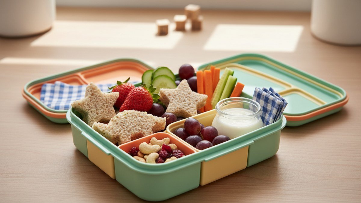 Lancheira infantil aberta com alimentos saud&aacute;veis e criativos, incluindo frutas frescas, vegetais cortados e mini sandu&iacute;ches, demonstrando carinho na prepara&ccedil;&atilde;o para a escola.