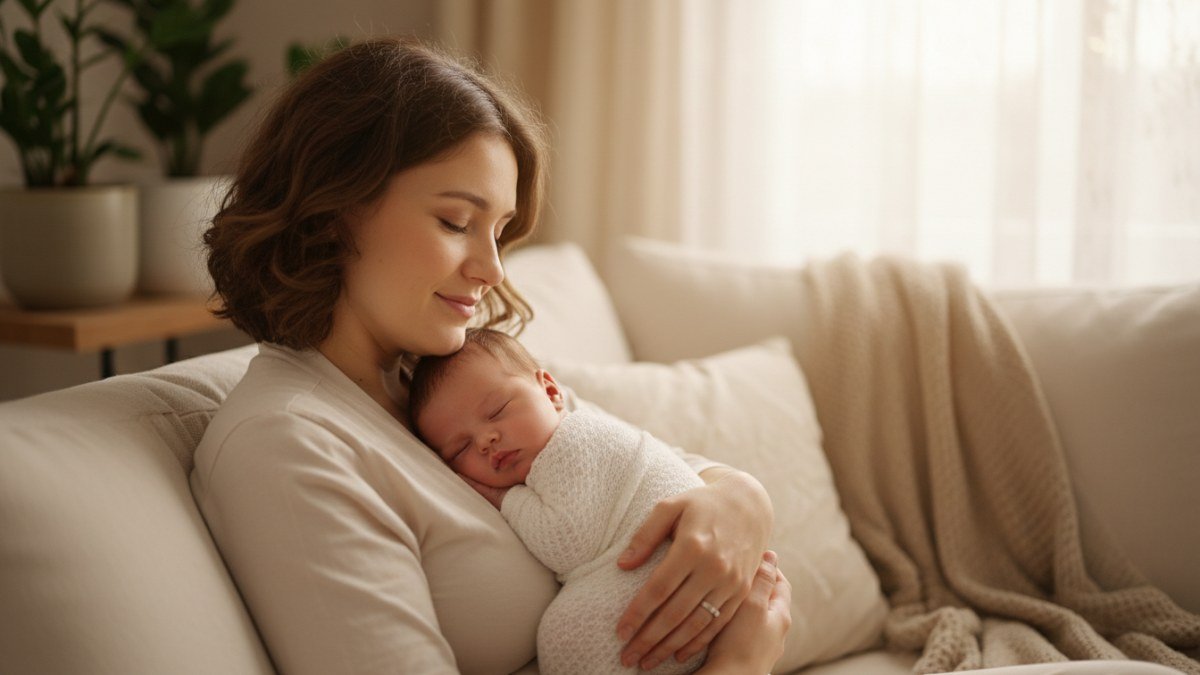 Uma pessoa segurando um beb&ecirc; adormecido em seu colo, com uma express&atilde;o de carinho e serenidade. A luz suave real&ccedil;a a cena, transmitindo aconchego e ternura.