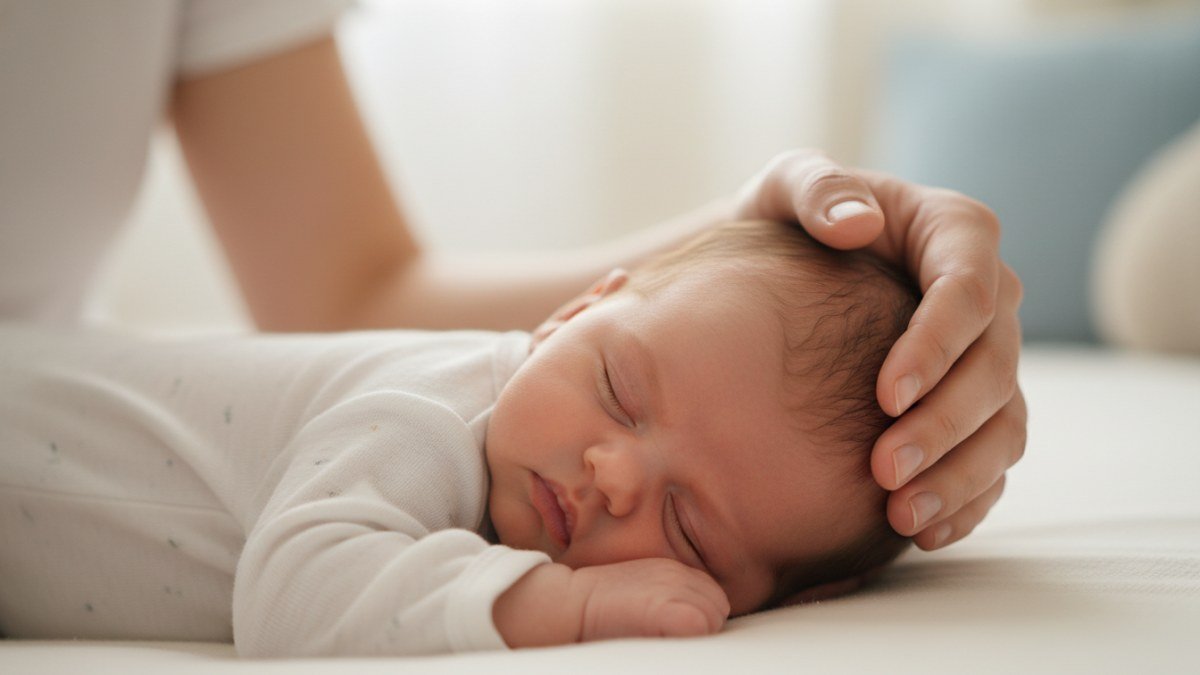 M&atilde;os de um adulto segurando delicadamente a cabe&ccedil;a de um beb&ecirc; dormindo, em um ambiente com luz natural suave. A cena simboliza cuidado, afeto e a sensa&ccedil;&atilde;o de um novo come&ccedil;o, refletindo os m&uacute;ltiplos significados de sonhar com um beb&ecirc; no colo.