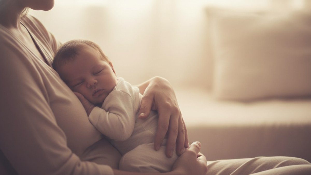 Imagem po&eacute;tica de uma figura adulta segurando um beb&ecirc; adormecido no colo, com uma luz suave e um tom on&iacute;rico, simbolizando o cuidado, a introspec&ccedil;&atilde;o e os significados dos sonhos com beb&ecirc;s.