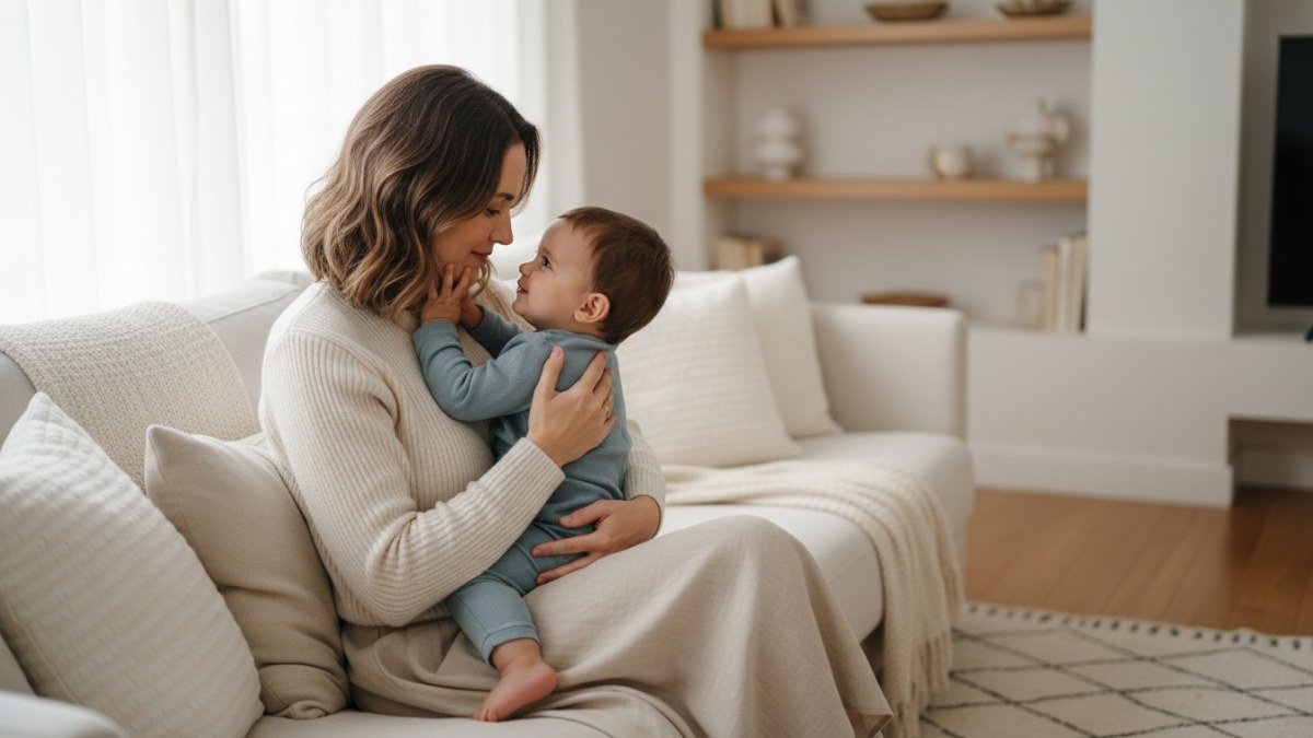 M&atilde;e ou pai abra&ccedil;ando carinhosamente seu beb&ecirc; ou crian&ccedil;a pequena, simbolizando o amor, a seguran&ccedil;a familiar e a import&acirc;ncia da escolha de um nome com profundo significado.