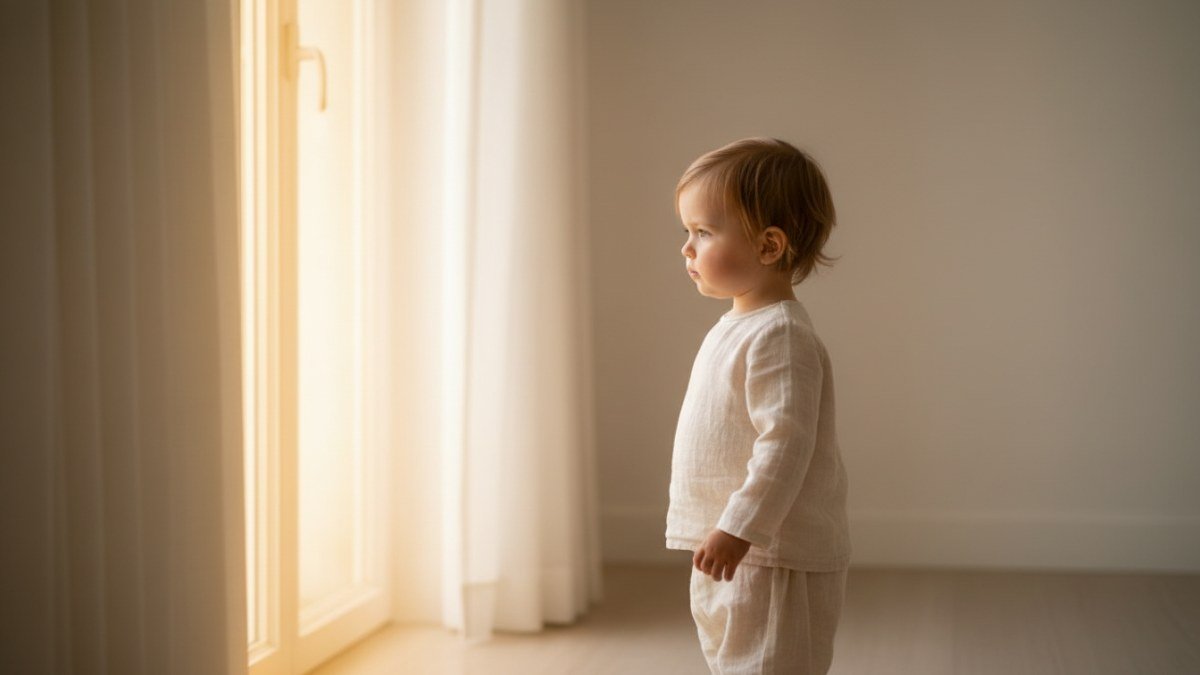 Uma crian&ccedil;a pequena, com idade entre 1 e 3 anos, sentada em um ambiente claro e minimalista, banhada por uma luz dourada e suave vinda de uma janela. A crian&ccedil;a tem uma express&atilde;o serena e veste roupas infantis de tons neutros, transmitindo uma sensa&ccedil;&atilde;o de pureza e atemporalidade. A imagem simboliza a beleza e o significado de um nome cl&aacute;ssico como Helena.