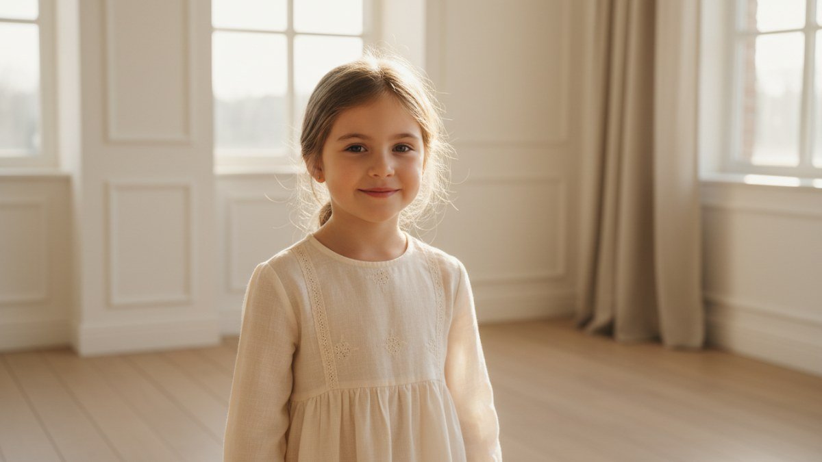 Menina sorridente banhada por luz natural, simbolizando a beleza e o brilho associados ao significado do nome Helena.