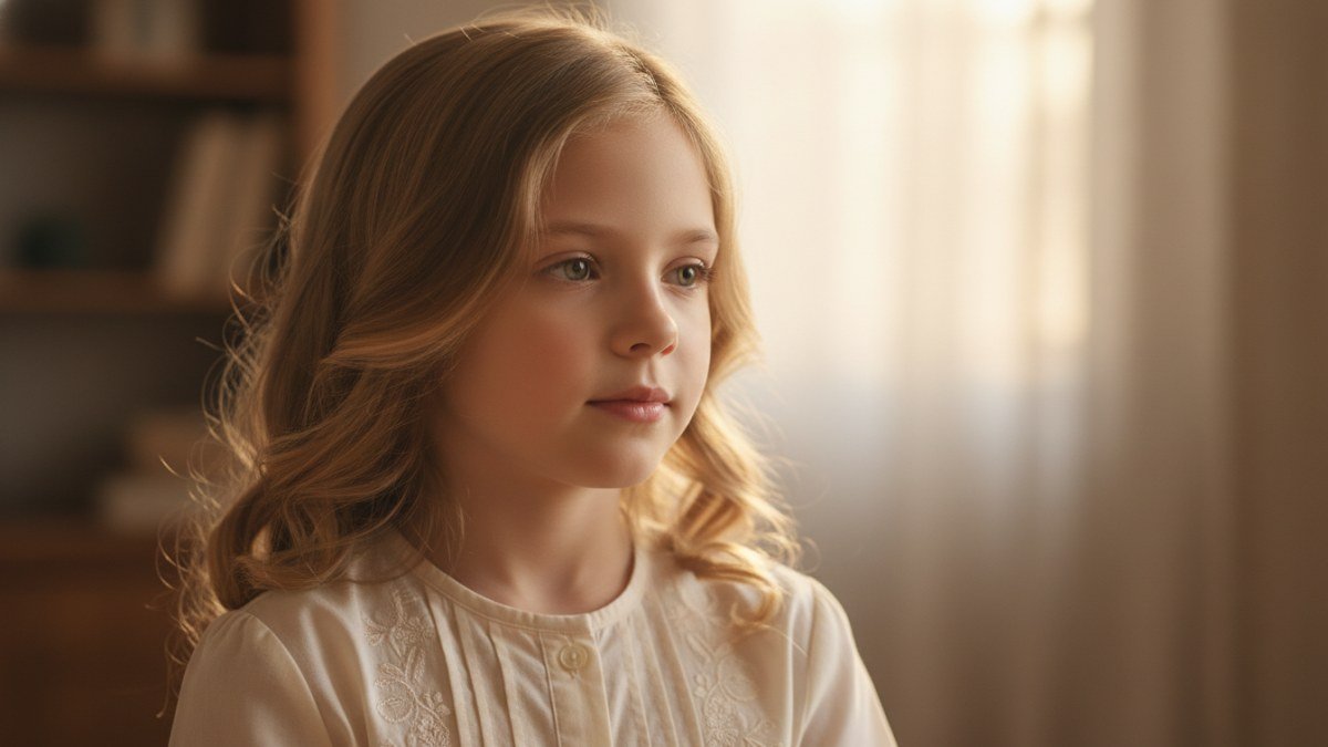 Menina em close-up, com express&atilde;o serena, banhada por luz natural suave, vestindo roupa cl&aacute;ssica e elegante, simbolizando a beleza e o significado luminoso do nome Helena.
