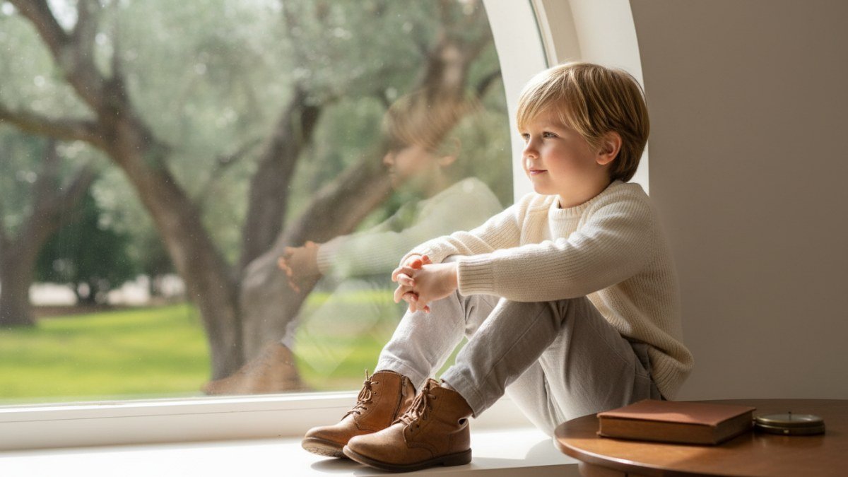 Um menino de 6 anos com roupas cl&aacute;ssicas e elegantes, olhando pensativo em um ambiente com luz natural, representando a nobreza e a hist&oacute;ria do nome Arthur.