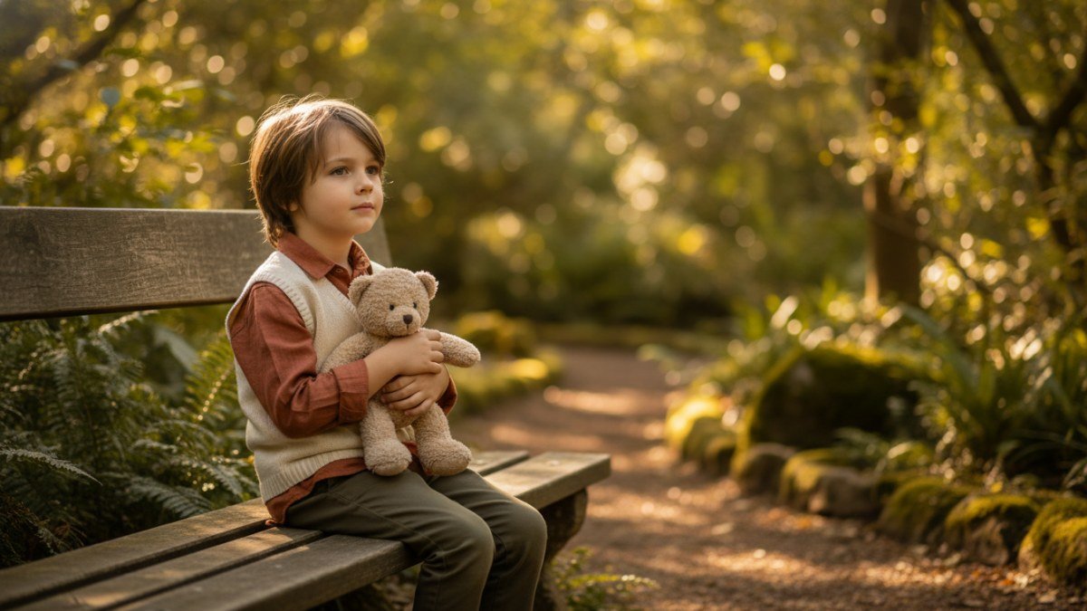 Menino com urso de pel&uacute;cia em meio &agrave; natureza, transmitindo a for&ccedil;a gentil e nobreza associadas ao significado do nome Arthur.