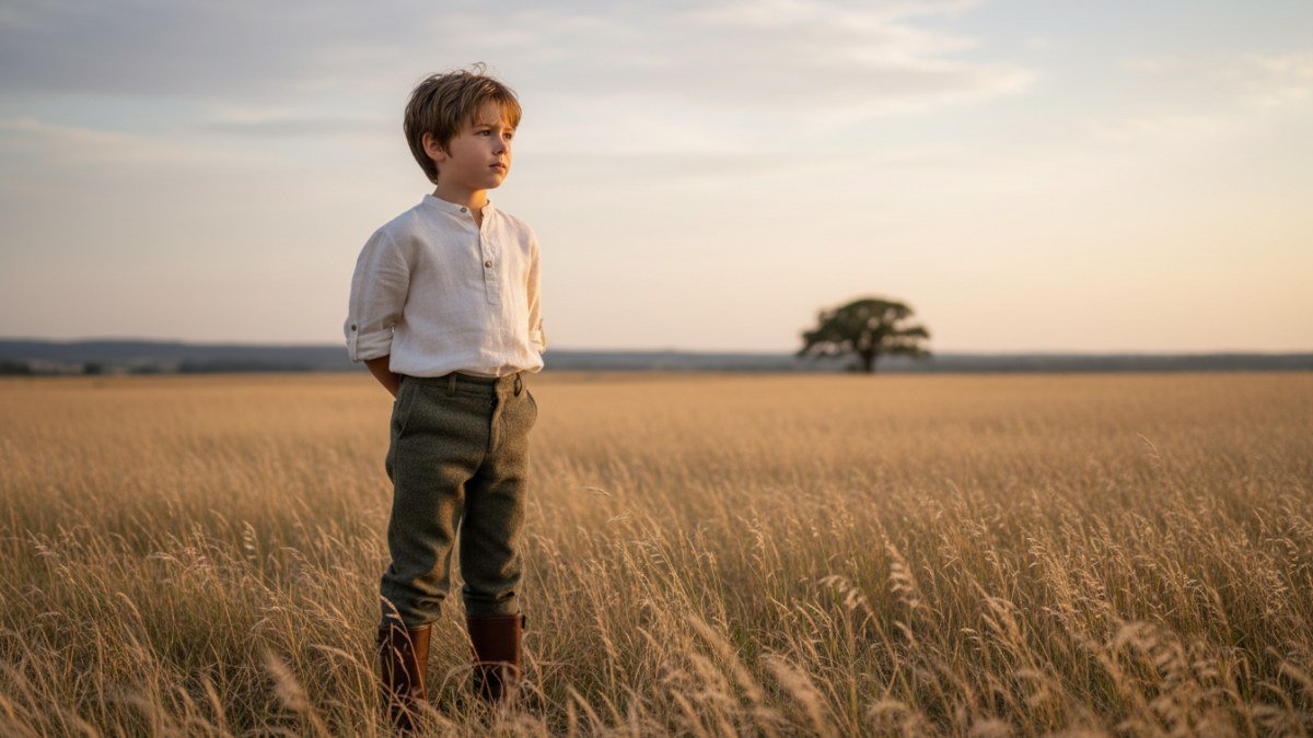Menino em campo aberto ao entardecer, olhando para o horizonte com express&atilde;o de curiosidade e determina&ccedil;&atilde;o, simbolizando a jornada e o legado do nome Arthur.