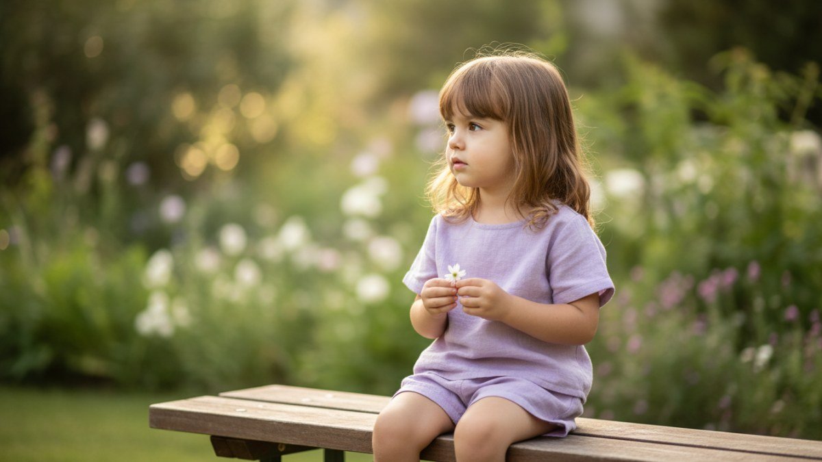 Menina de cabelos claros e vestido de linho em jardim, com express&atilde;o curiosa e pensativa, simbolizando a pureza e imagina&ccedil;&atilde;o do nome Alice.