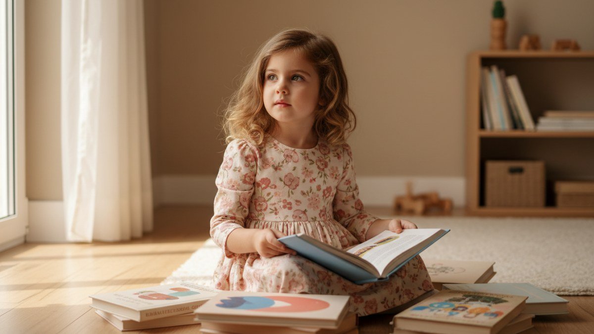 Menina vestindo um vestido Vitrine Madri, sentada no ch&atilde;o em um quarto iluminado, lendo um livro com express&atilde;o curiosa e sonhadora, representando a personalidade de Alice.