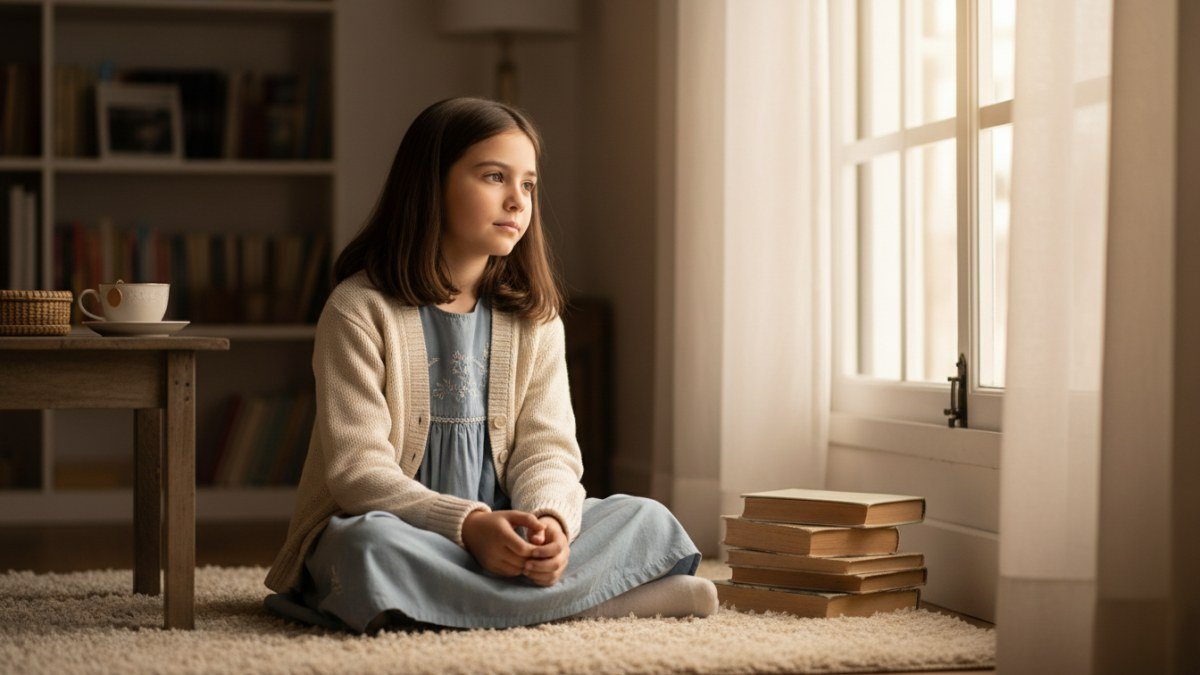 Menina com express&atilde;o pensativa, simbolizando a curiosidade, nobreza e o esp&iacute;rito sonhador associados ao nome Alice, em um ambiente acolhedor.