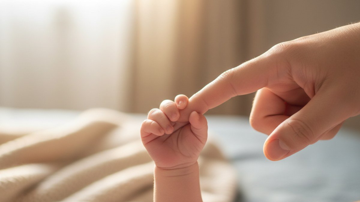 M&atilde;ozinha de beb&ecirc; segurando delicadamente o dedo de um adulto, em um ambiente acolhedor, simbolizando o carinho e a import&acirc;ncia na escolha de um nome para o filho.