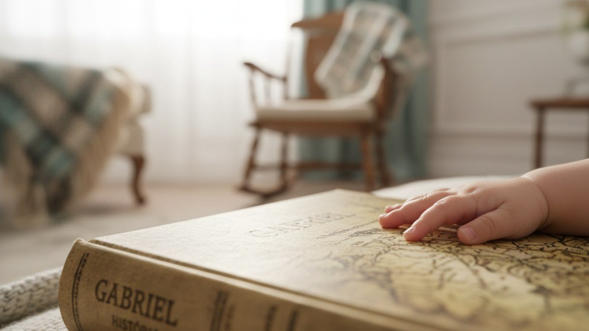 M&atilde;o delicada de beb&ecirc; tocando um atlas antigo, simbolizando a jornada hist&oacute;rica e cultural do nome Gabriel atrav&eacute;s dos tempos.