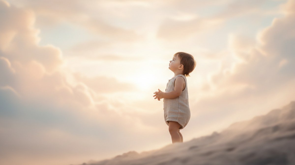 Uma crian&ccedil;a pequena observando a luz do sol em um horizonte suave, simbolizando esperan&ccedil;a e um futuro brilhante.