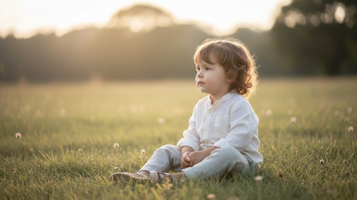 Crian&ccedil;a pequena com express&atilde;o pensativa e serena, em um ambiente suavemente iluminado, simbolizando a profundidade do subconsciente e os mist&eacute;rios dos sonhos. A imagem evoca a curiosidade sobre os significados de sonhar com crian&ccedil;as.