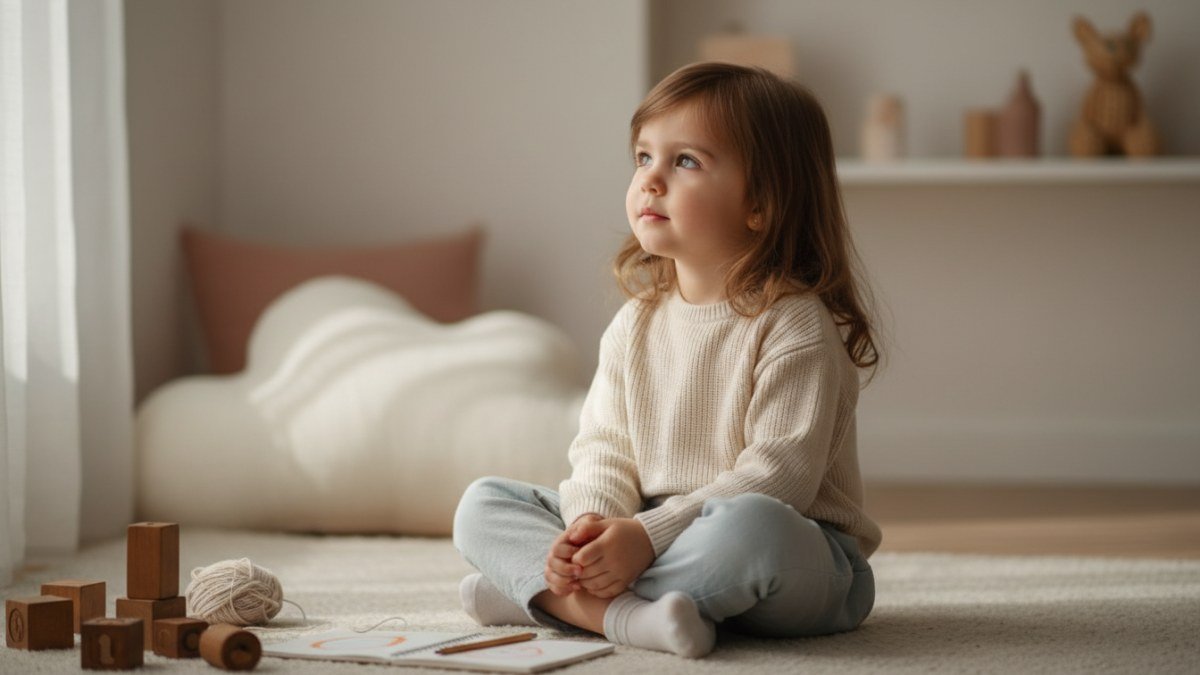 Crian&ccedil;a pequena de express&atilde;o serena e pensativa, vestindo roupas confort&aacute;veis, em um ambiente com luz natural, representando a introspec&ccedil;&atilde;o e os mist&eacute;rios dos sonhos.