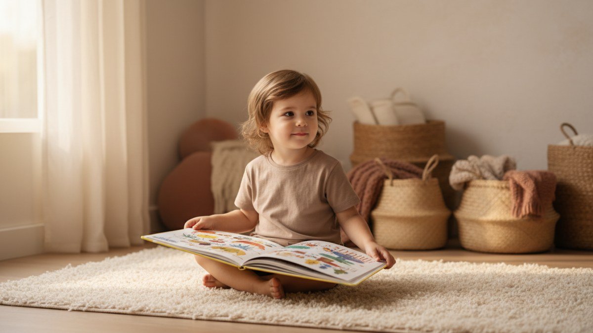 Crian&ccedil;a pequena em um momento de reflex&atilde;o tranquila, em um ambiente acolhedor com luz natural, simbolizando a busca por autoconhecimento atrav&eacute;s dos sonhos e a reconex&atilde;o com a crian&ccedil;a interior.