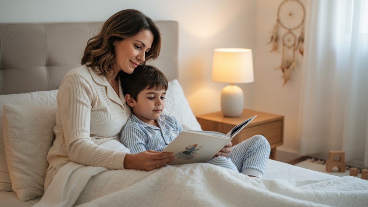 M&atilde;e e filho lendo um livro de hist&oacute;rias em um quarto aconchegante com luz baixa, ambos em pijama, representando a import&acirc;ncia das brincadeiras noturnas calmas para o sono.