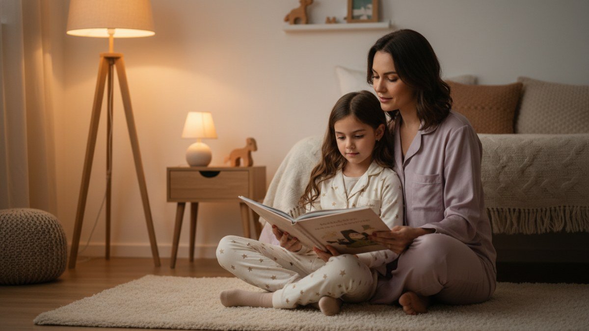 Uma m&atilde;e e sua filha, de aproximadamente 7 anos, sentadas em um tapete macio em um quarto aconchegante, lendo um livro de hist&oacute;rias juntas sob uma luz suave, transmitindo um momento de calma, conex&atilde;o e carinho antes de dormir.