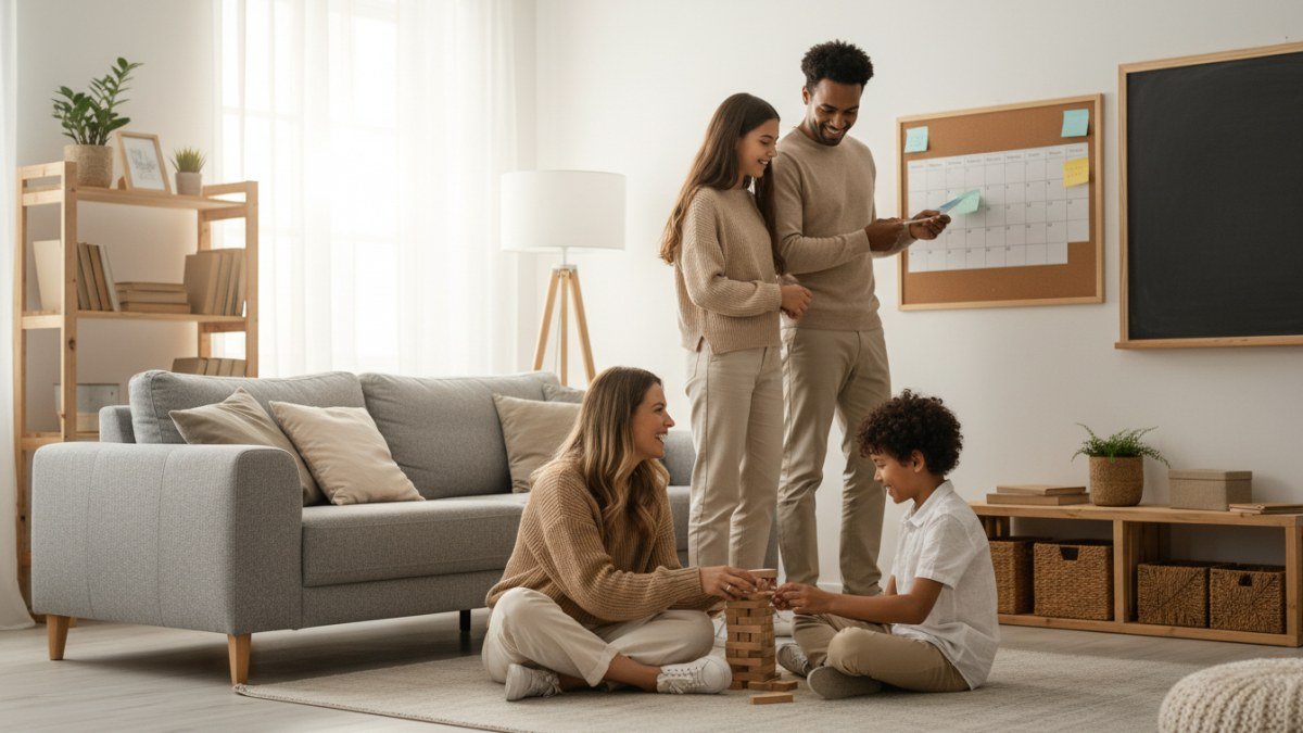 Fam&iacute;lia sorridente e conectada, com pais e filhos (crian&ccedil;a e adolescente) interagindo em um lar acolhedor e organizado, simbolizando uma rotina familiar leve e harmoniosa.