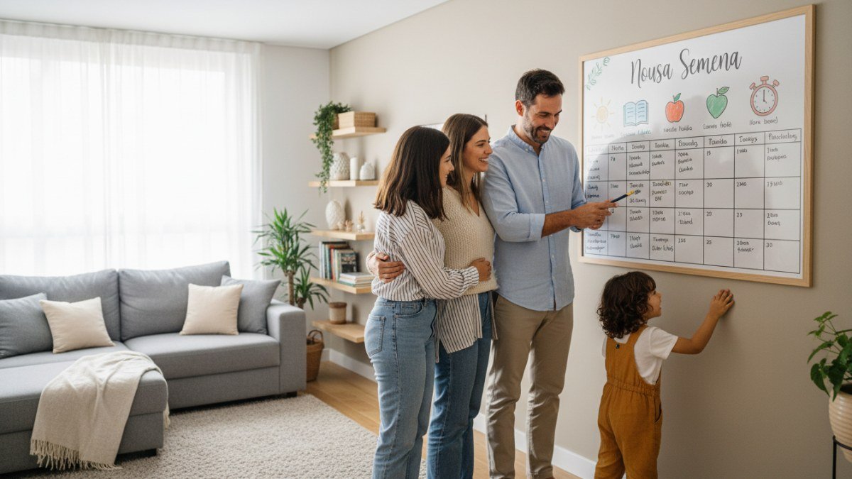 Fam&iacute;lia, com pai, m&atilde;e e dois filhos, colaborando para criar uma rotina flex&iacute;vel em um quadro de atividades com &iacute;cones coloridos, simbolizando organiza&ccedil;&atilde;o e conex&atilde;o familiar.