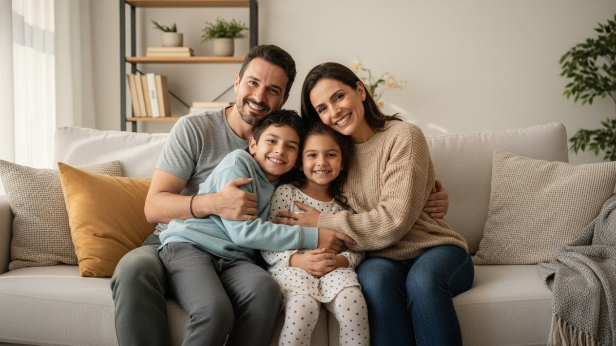 Fam&iacute;lia composta por pai, m&atilde;e, adolescente e crian&ccedil;a abra&ccedil;ando-se alegremente no sof&aacute;, em um ambiente dom&eacute;stico iluminado por luz natural. A imagem transmite conex&atilde;o, leveza e o bem-estar de uma rotina familiar feliz.