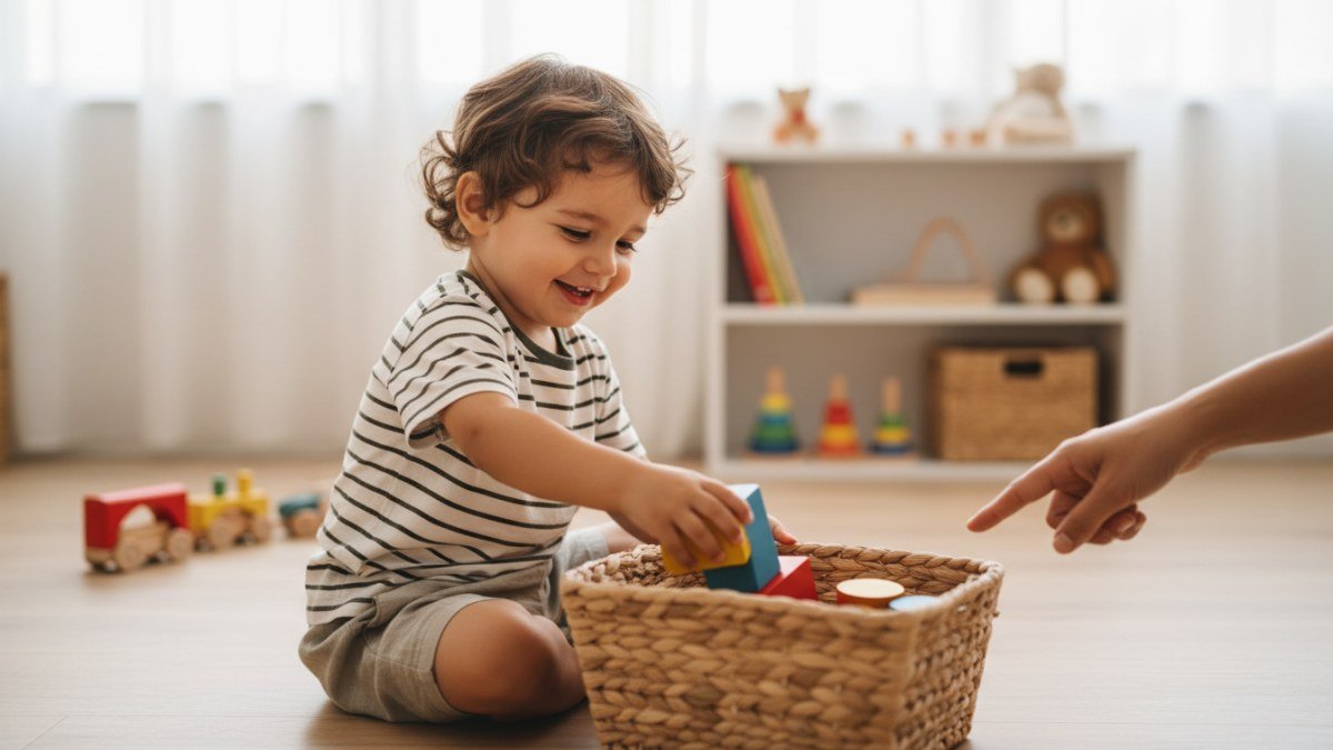 Crian&ccedil;a pequena, com cerca de dois anos, sorrindo ao guardar um bloco de montar colorido em um cesto de brinquedos baixo, com a m&atilde;o de um adulto oferecendo um leve incentivo. A imagem representa o in&iacute;cio do aprendizado de organiza&ccedil;&atilde;o de forma l&uacute;dica e aut&ocirc;noma.