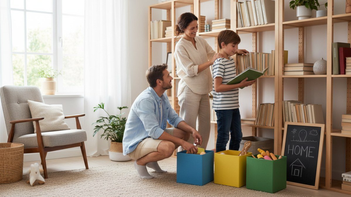 Fam&iacute;lia (m&atilde;e, pai e filho(a)) sorrindo enquanto organizam juntos um c&ocirc;modo da casa, com brinquedos e livros guardados em prateleiras e caixas, transmitindo colabora&ccedil;&atilde;o e um ambiente dom&eacute;stico leve e acolhedor.