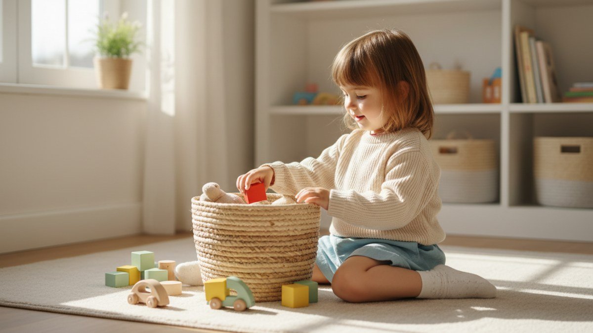 Crian&ccedil;a de 5 anos sentada no ch&atilde;o do quarto, come&ccedil;ando a guardar brinquedos em uma cesta organizadora, simbolizando o in&iacute;cio da jornada de organiza&ccedil;&atilde;o infantil.
