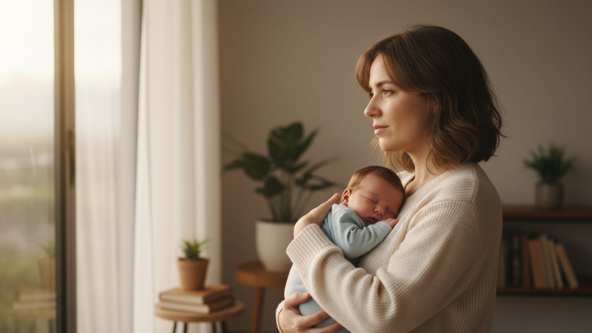 Imagem de uma figura parental serena, segurando um beb&ecirc; dormindo, em um ambiente com luz suave do amanhecer. A cena evoca introspec&ccedil;&atilde;o, cuidado e o simbolismo de novas fases e transforma&ccedil;&atilde;o na vida.