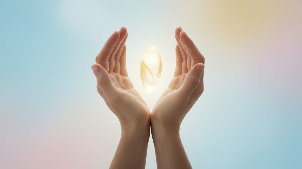 M&atilde;os adultas segurando uma forma luminosa que simboliza transforma&ccedil;&atilde;o e o in&iacute;cio de uma nova fase, com luzes suaves e tons pastel. A imagem evoca cuidado e esperan&ccedil;a, refletindo o simbolismo de sonhar com beb&ecirc; chorando como um convite ao crescimento e autoconhecimento.