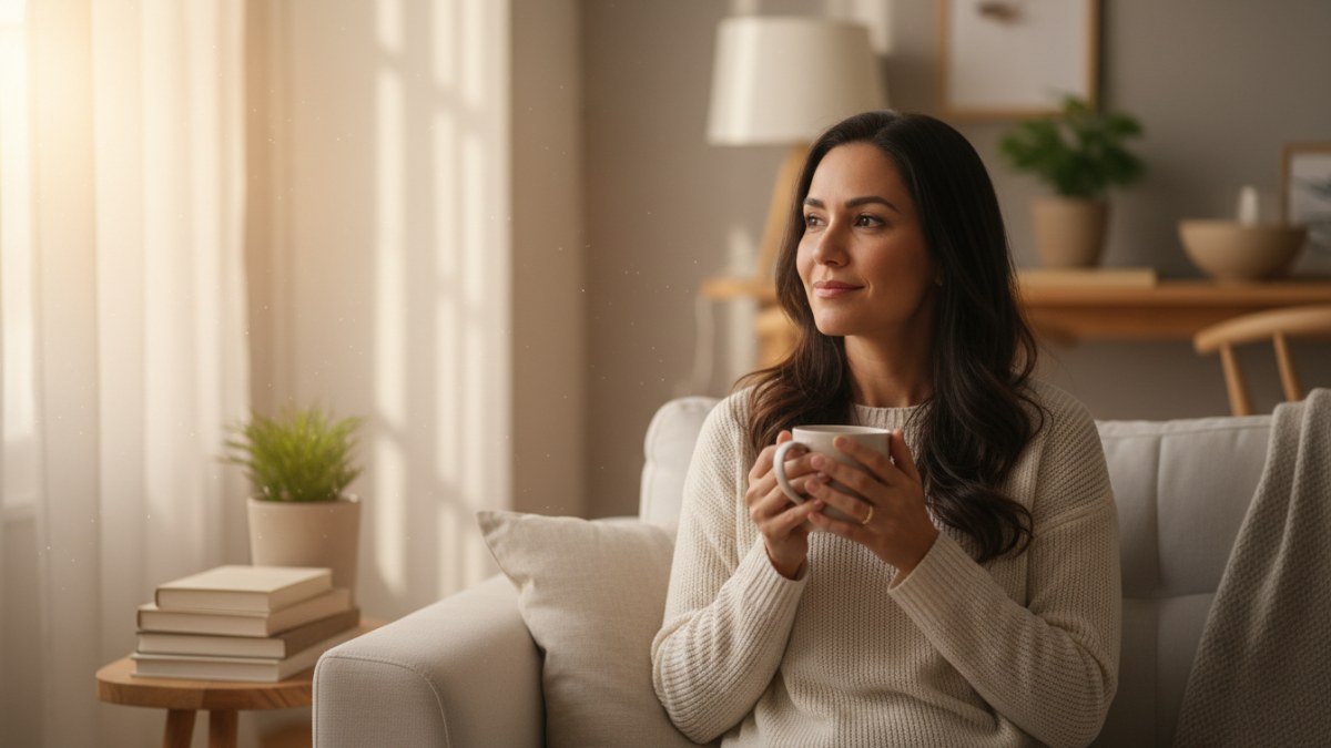 Mulher serena refletindo em um ambiente aconchegante, simbolizando a paz interior, o autocuidado e a transforma&ccedil;&atilde;o pessoal ap&oacute;s um per&iacute;odo de introspec&ccedil;&atilde;o.