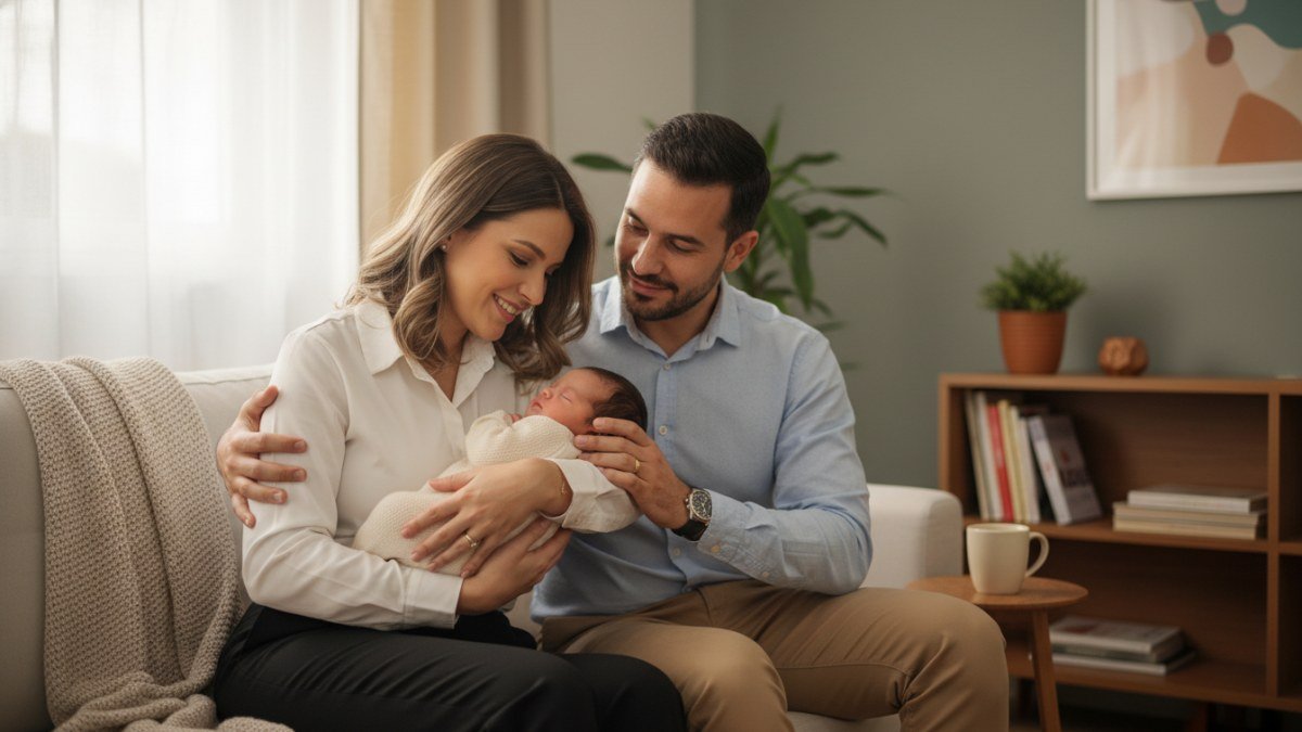Pais jovens e felizes contemplando seu beb&ecirc; rec&eacute;m-nascido no colo, em um momento de carinho e reflex&atilde;o sobre a escolha do nome. A cena transmite a import&acirc;ncia e a emo&ccedil;&atilde;o de nomear um filho, tema central do artigo sobre nomes masculinos fortes.