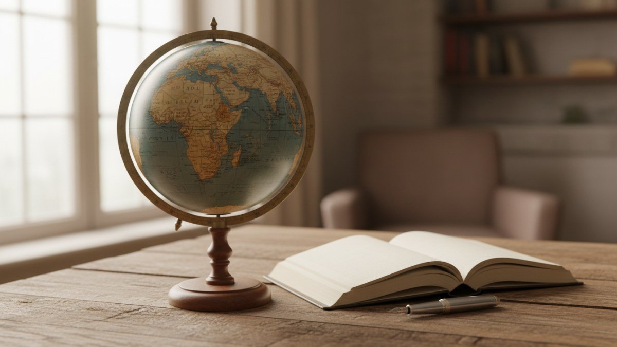 Globo terrestre antigo sobre uma mesa de madeira, com um caderno aberto e caneta, em ambiente com luz natural. A cena transmite uma sensa&ccedil;&atilde;o de pesquisa, tradi&ccedil;&atilde;o e planejamento, representando a busca por nomes masculinos fortes e seus significados.