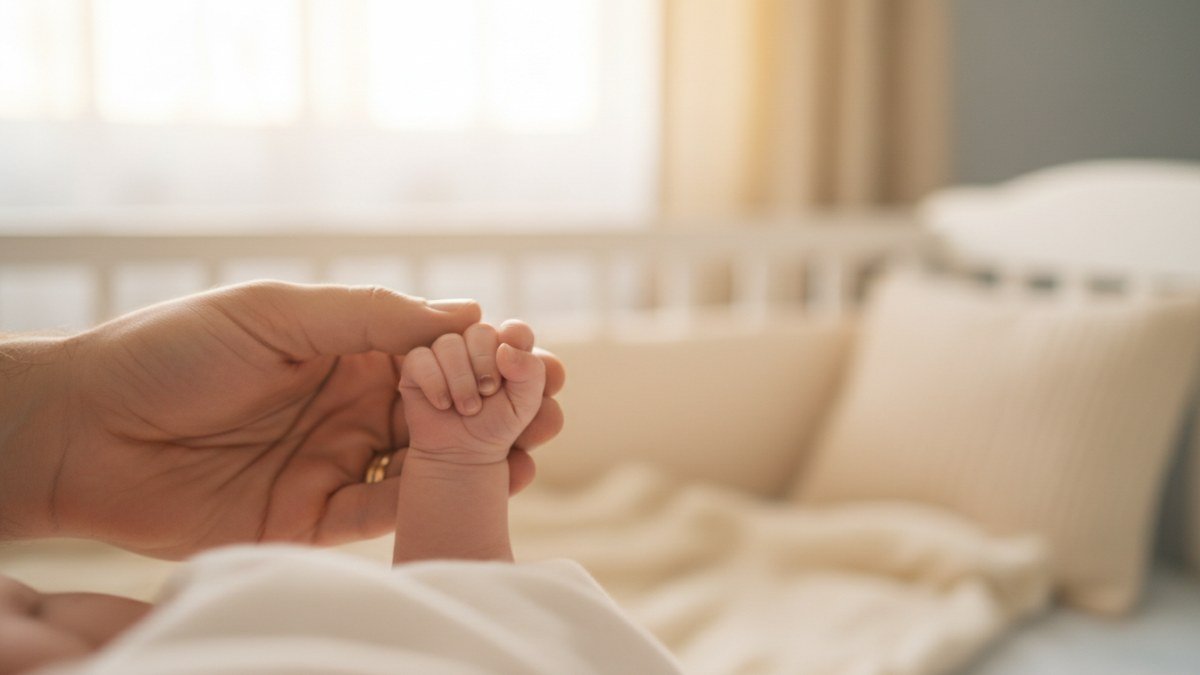 M&atilde;o de um adulto segurando a pequena m&atilde;o de um beb&ecirc;, simbolizando o amor, a prote&ccedil;&atilde;o e a jornada da escolha do nome para o filho.
