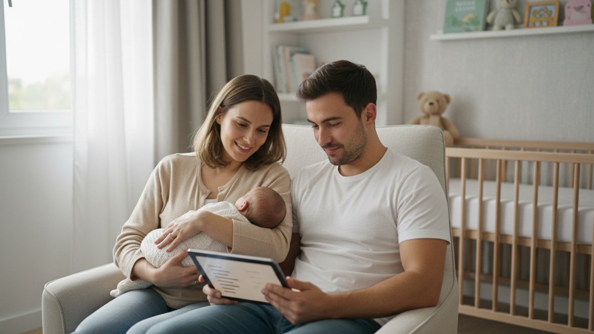 Um casal com express&otilde;es carinhosas e pensativas, talvez segurando um beb&ecirc; ou folheando um livro de nomes, simbolizando o amor e a reflex&atilde;o na escolha do nome ideal.