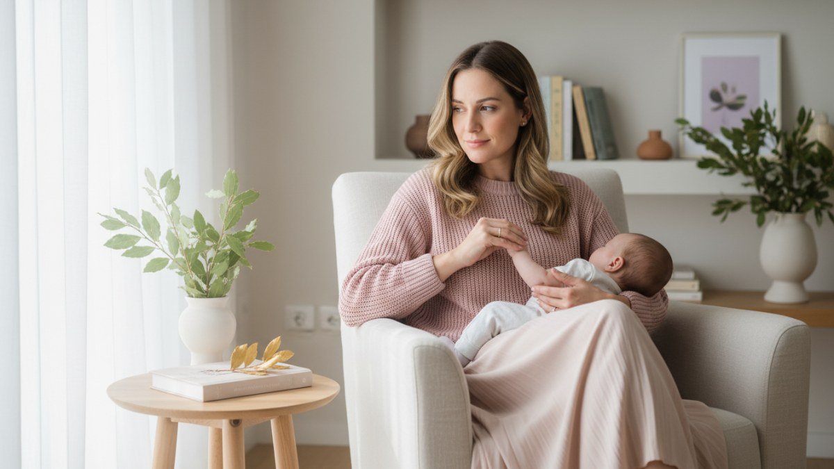 M&atilde;e com express&atilde;o carinhosa e pensativa, segurando a m&atilde;o de um beb&ecirc;, em um ambiente iluminado e suave, com um toque cl&aacute;ssico que remete &agrave; escolha do nome Laura e seu significado de vit&oacute;ria e honra. A imagem evoca a beleza e a profundidade da decis&atilde;o parental.