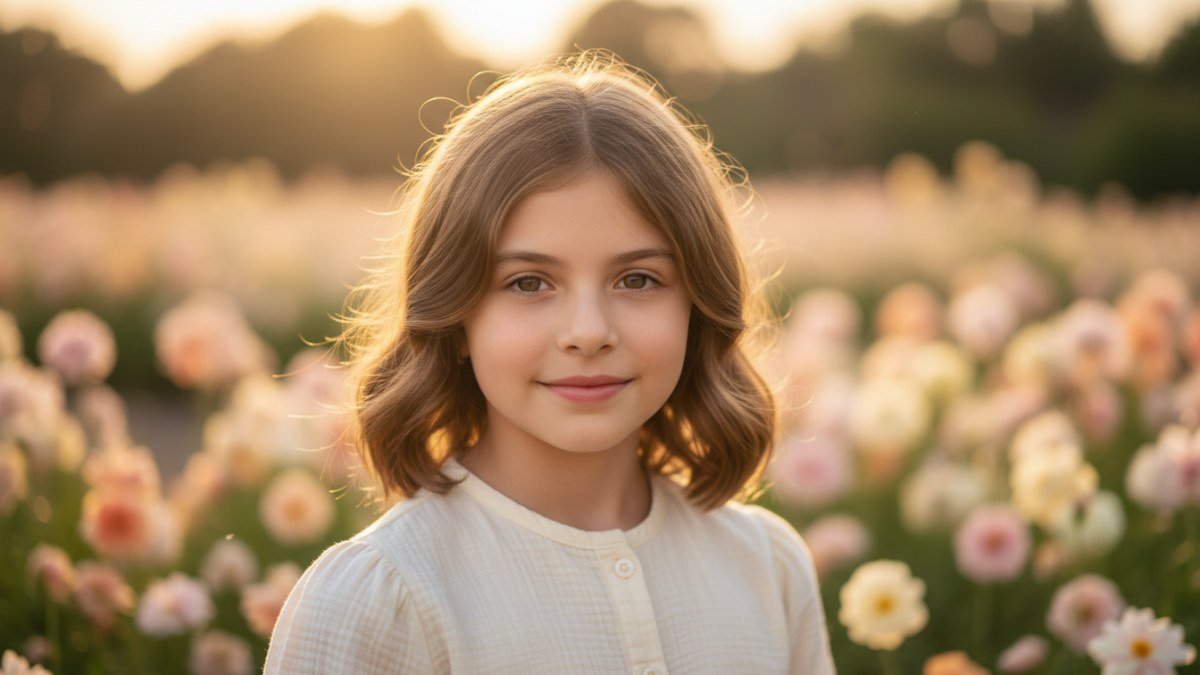 Menina com cabelos castanhos claros e olhar inteligente, em um jardim florido, representando a personalidade graciosa e curiosa associada ao nome Laura.