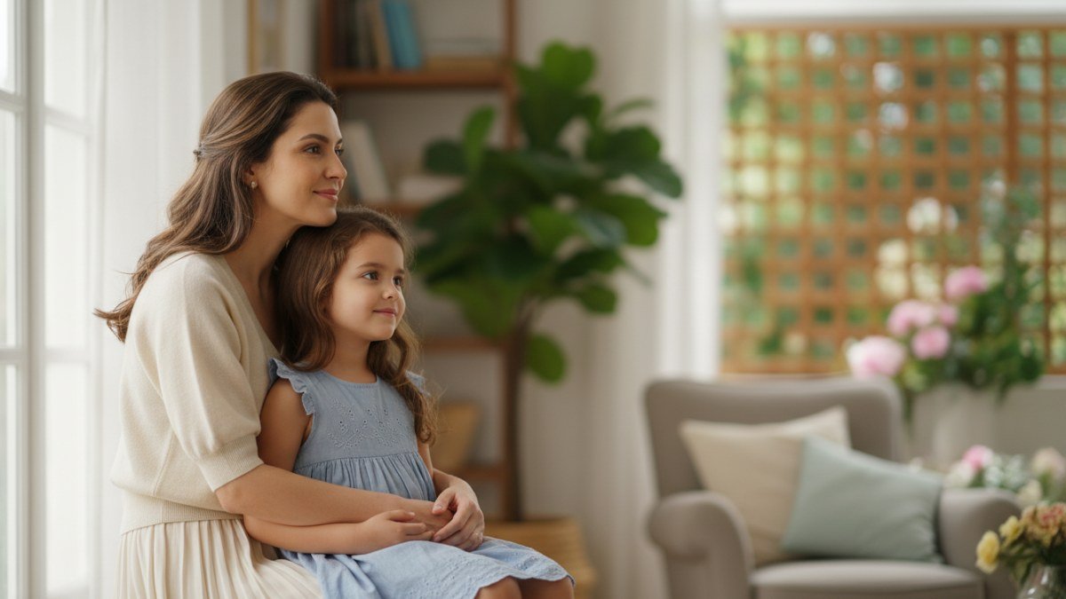 M&atilde;e e filha em um abra&ccedil;o carinhoso, simbolizando a import&acirc;ncia e o amor na escolha de um nome como Laura para a identidade de uma crian&ccedil;a.