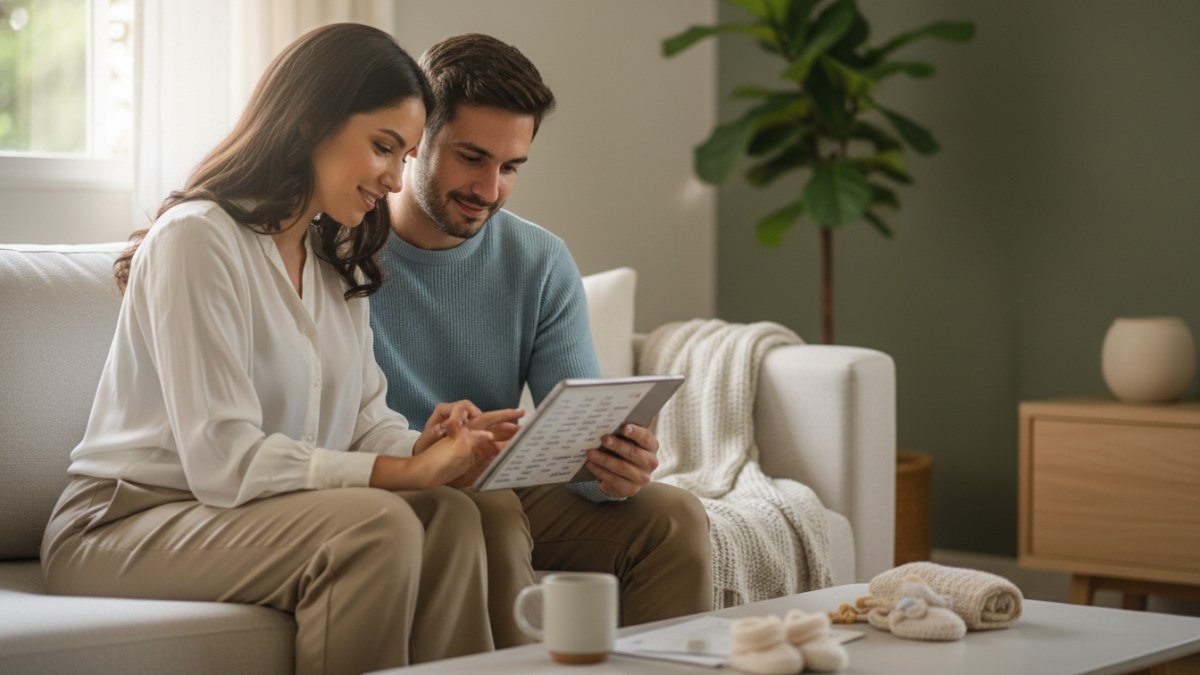 Casal de pais, m&atilde;e e pai, olhando juntos para um tablet ou livro de nomes de beb&ecirc;s, com express&otilde;es pensativas e carinhosas, em um ambiente aconchegante.