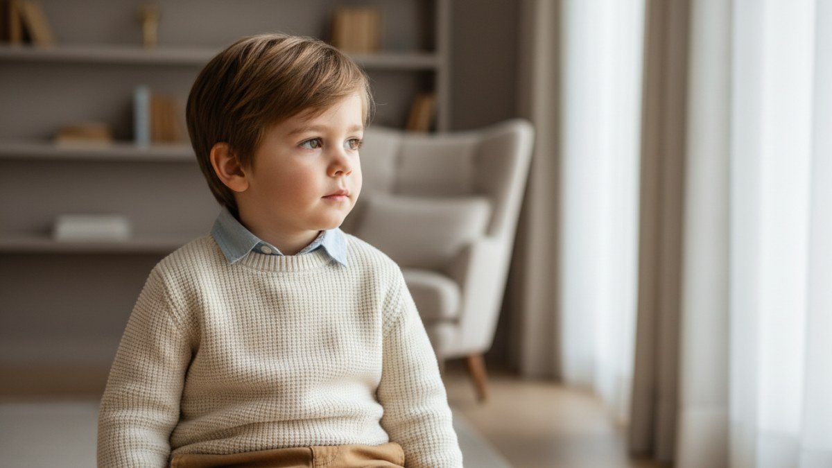 Menino de 5 anos com roupa confort&aacute;vel e estilosa, olhando pensativo para o futuro, simbolizando a escolha significativa de um nome e a forma&ccedil;&atilde;o da identidade.