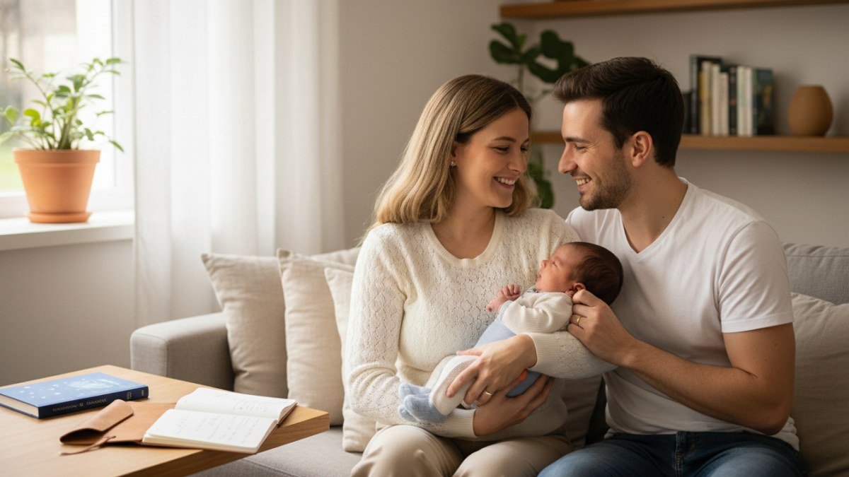 M&atilde;e e pai sorrindo carinhosamente para seu beb&ecirc; rec&eacute;m-nascido, refletindo sobre a escolha do nome perfeito para o menino.