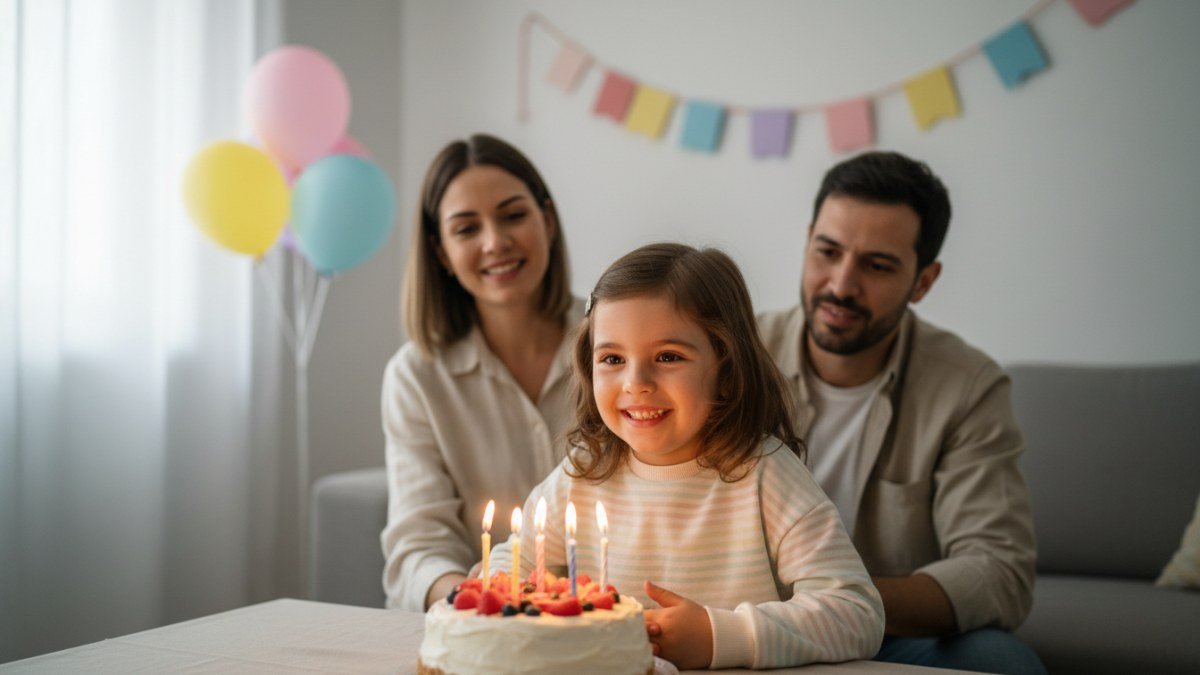 Crian&ccedil;a sorridente vestindo roupas confort&aacute;veis, prestes a soprar as velas de um bolo de anivers&aacute;rio caseiro, rodeada pela fam&iacute;lia em uma festa &iacute;ntima e aconchegante em casa.