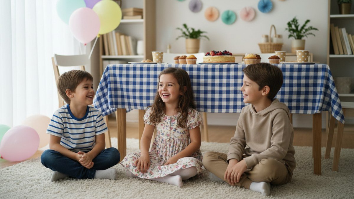 Crian&ccedil;as felizes em uma festa de anivers&aacute;rio infantil caseira, com decora&ccedil;&atilde;o colorida e criativa feita &agrave; m&atilde;o, e um card&aacute;pio simples e delicioso. Elas vestem roupas confort&aacute;veis e estilosas, celebrando com alegria e carinho em um ambiente acolhedor.