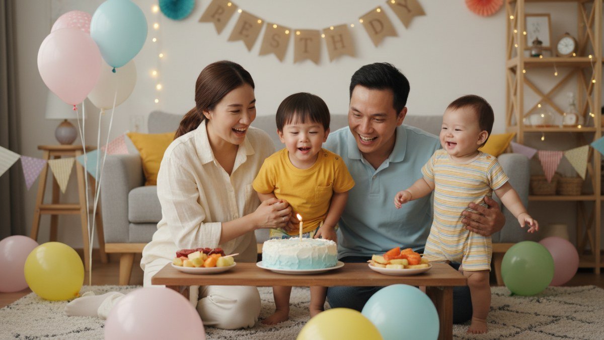 Fam&iacute;lia sorridente celebrando um anivers&aacute;rio infantil em casa, com a crian&ccedil;a soprando as velas do bolo, cercada pelos pais e decora&ccedil;&otilde;es artesanais simples.